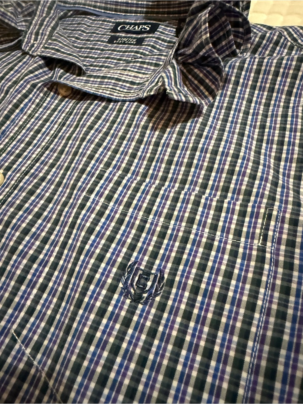 Upcycled Chaps Mens Plaid Button-Down Shirt in Blue, Purple and White - Picture 7 of 11